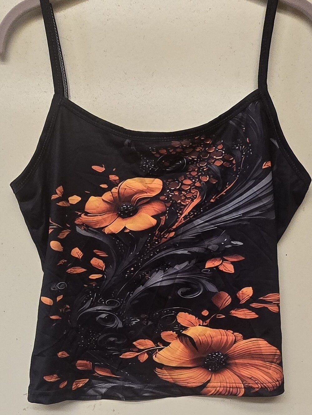 Black Floral Cami Tank Top with Orange Blooms
